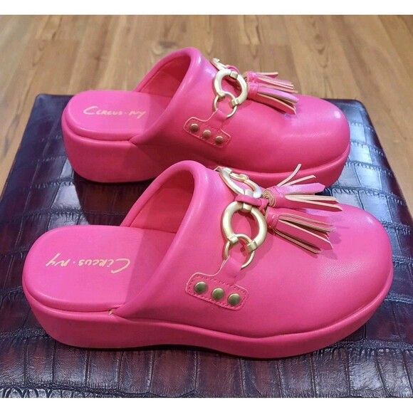 Circus NY Sam Edelman Jinger Clog Mules Flamingo Pink Gold Tassel Platform Sz 8 - Picture 4 of 12